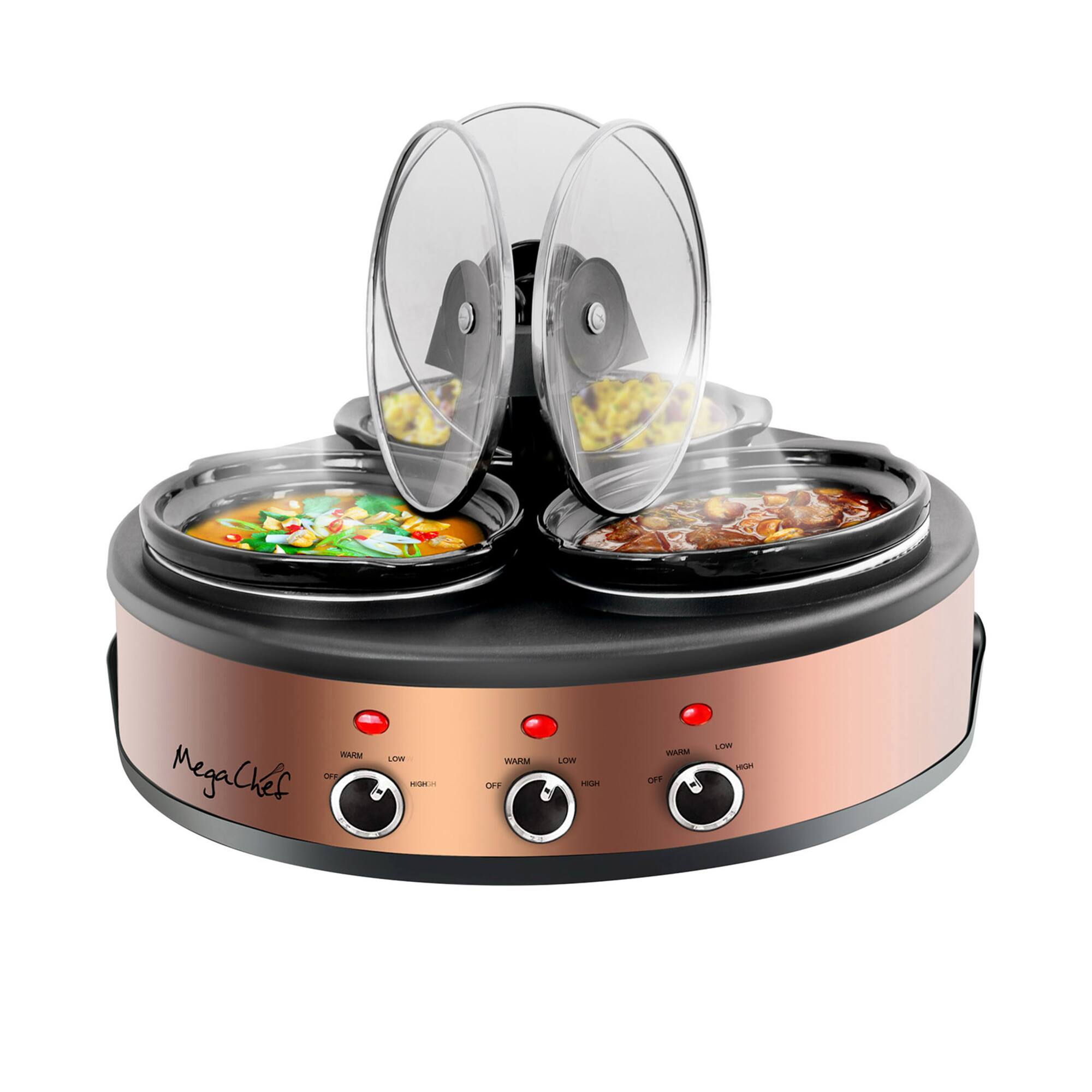 MegaChef Brushed Copper & Black Round Triple 1.5qt. Slow Cooker & Buffet Server Finish With 3 Ceramic Cooking Pots & Removable Lid Rests